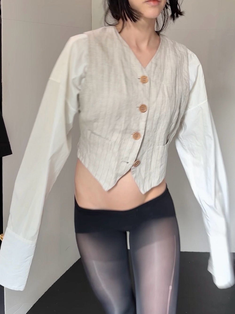 DOLCE AND GABBANA Linen-Blend Beige Vest Shirt with White Sleeves